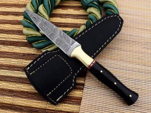 Hand forged Damascus Boot Knife With Brass Blooster and Buffalo Horn Handle