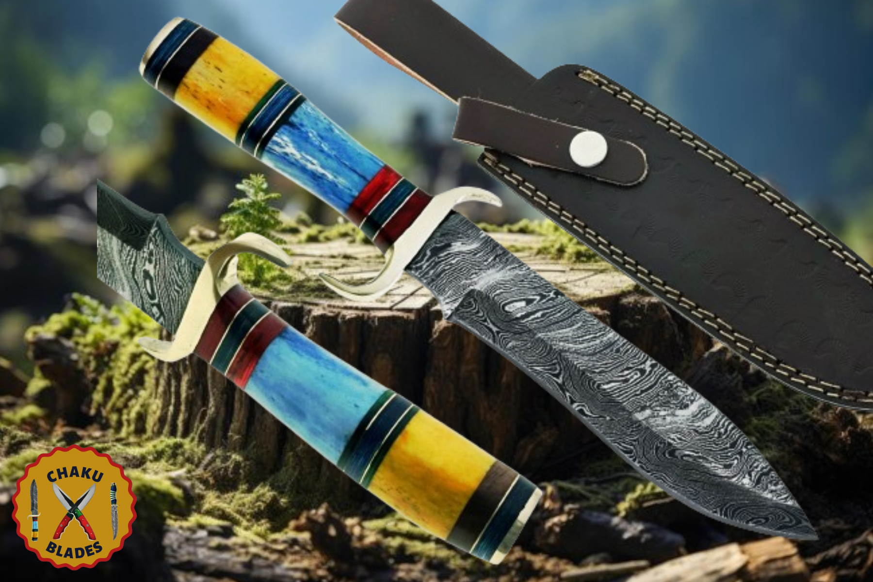 Hunting Knife Handmade Damascus twist pattern yellow and blue camel bone with colour wood and brass spacer